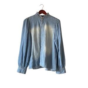 Ba&sh Womens Axelle Denim Shirt, Ruffled Neck, Blue, Size Large